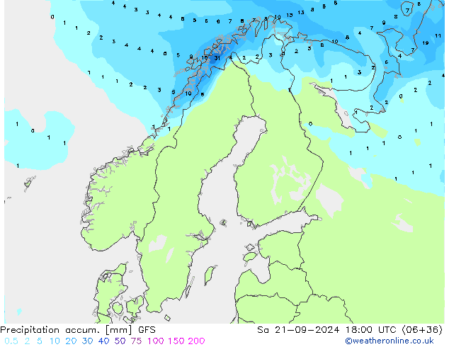 Precipitation accum. GFS Sa 21.09.2024 18 UTC