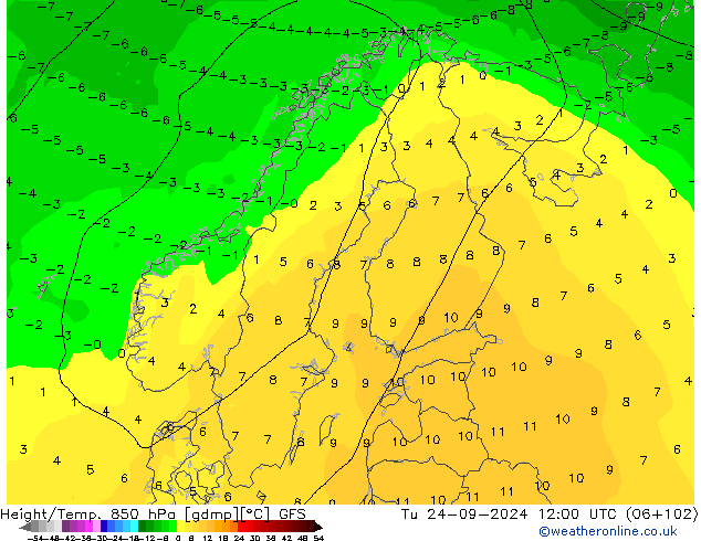 Height/Temp. 850 hPa GFS Ter 24.09.2024 12 UTC