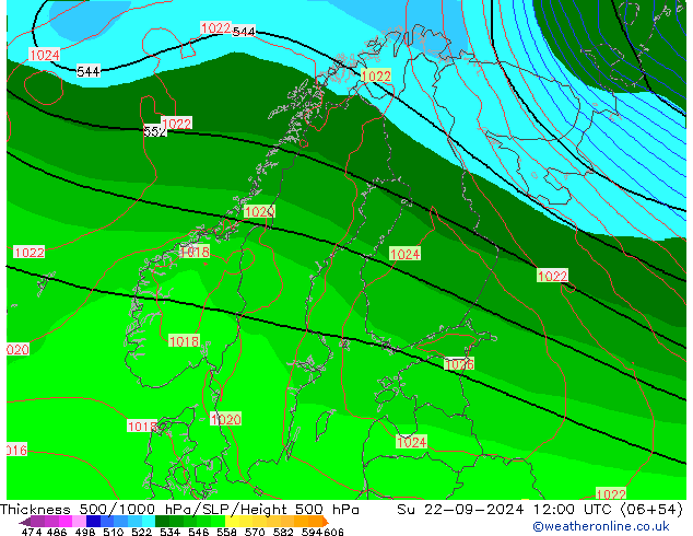 Schichtdicke 500-1000 hPa GFS So 22.09.2024 12 UTC