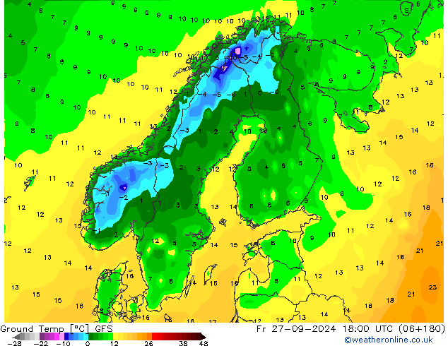 Temp. al suolo GFS ven 27.09.2024 18 UTC