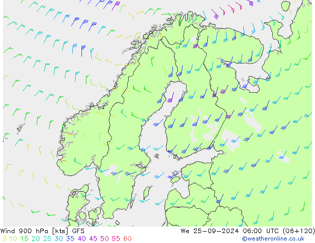 wiatr 900 hPa GFS śro. 25.09.2024 06 UTC