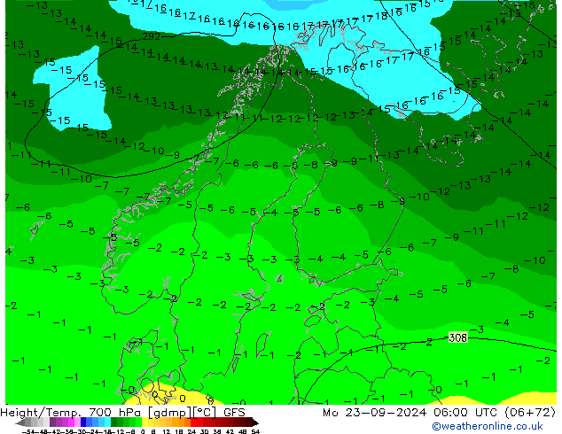 Height/Temp. 700 hPa GFS Po 23.09.2024 06 UTC