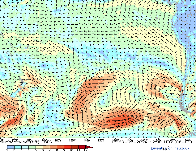 Viento 10 m (bft) GFS vie 20.09.2024 12 UTC