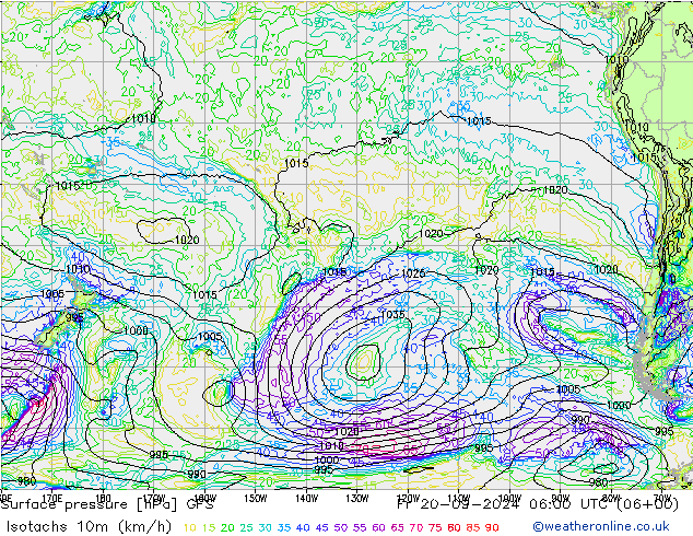 Isotachs (kph) GFS Fr 20.09.2024 06 UTC