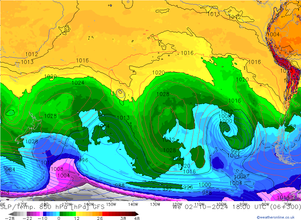 SLP/Temp. 850 hPa GFS We 02.10.2024 18 UTC