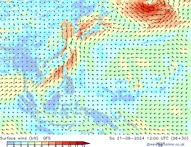 Viento 10 m (bft) GFS sáb 21.09.2024 12 UTC