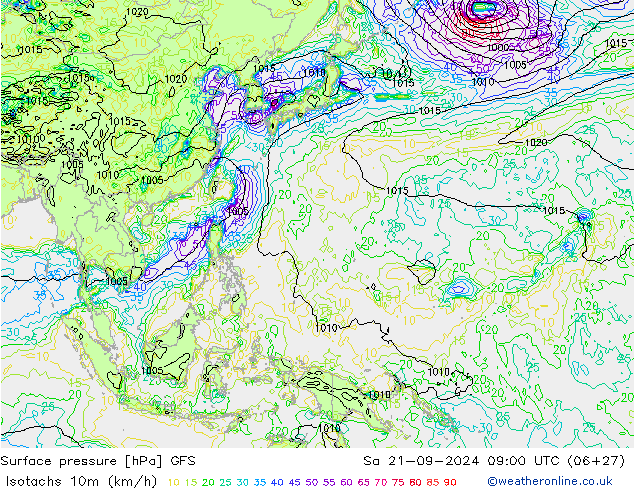 Isotachs (kph) GFS sab 21.09.2024 09 UTC