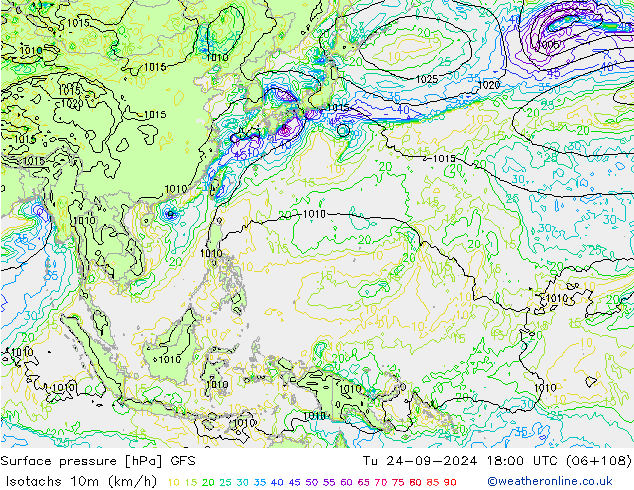 Isotachs (kph) GFS Tu 24.09.2024 18 UTC