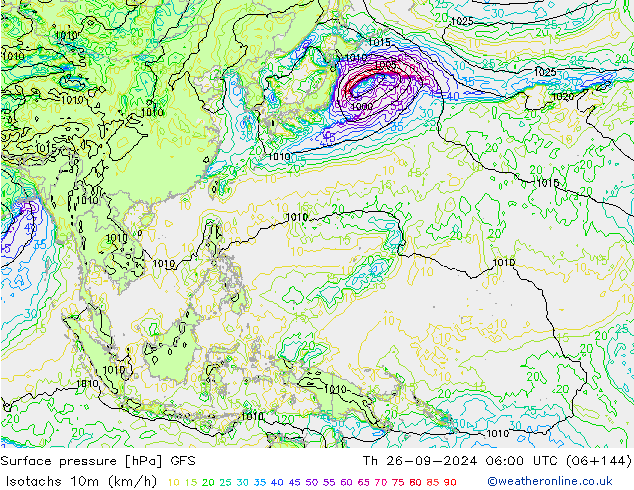 Isotaca (kph) GFS jue 26.09.2024 06 UTC