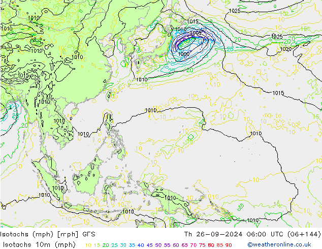 Isotachen (mph) GFS Do 26.09.2024 06 UTC