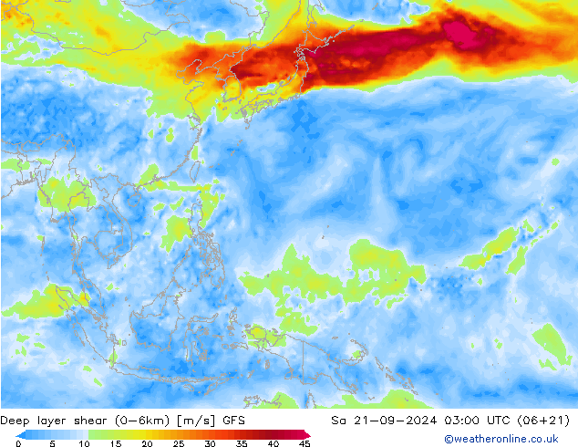 Deep layer shear (0-6km) GFS Sa 21.09.2024 03 UTC