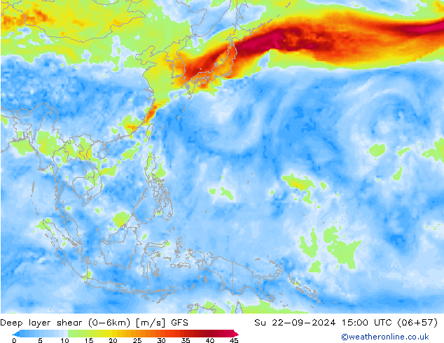 Deep layer shear (0-6km) GFS zo 22.09.2024 15 UTC