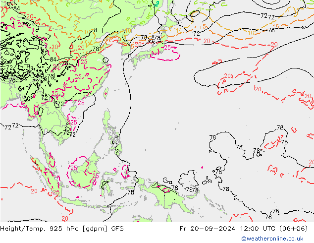 Height/Temp. 925 hPa GFS ven 20.09.2024 12 UTC