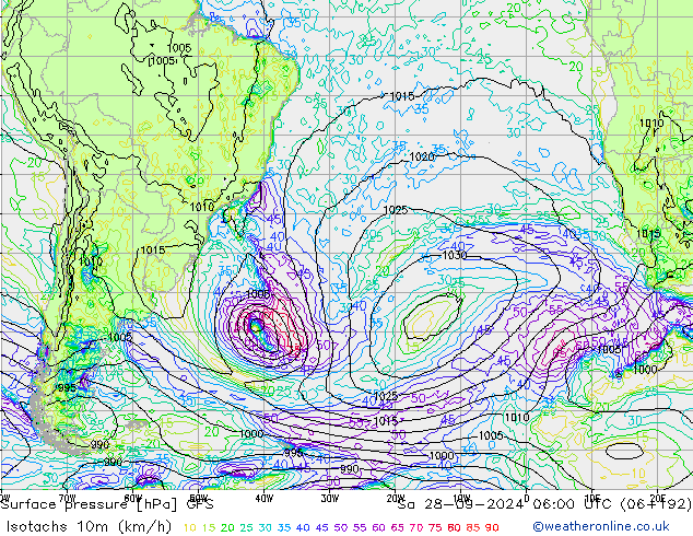 Isotachs (kph) GFS So 28.09.2024 06 UTC