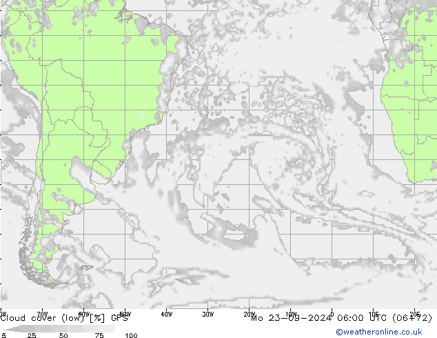 Cloud cover (low) GFS Mo 23.09.2024 06 UTC