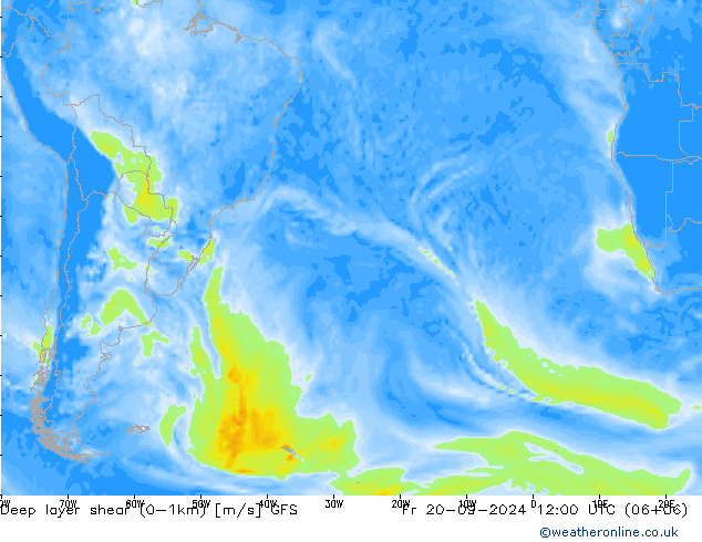 Deep layer shear (0-1km) GFS Fr 20.09.2024 12 UTC