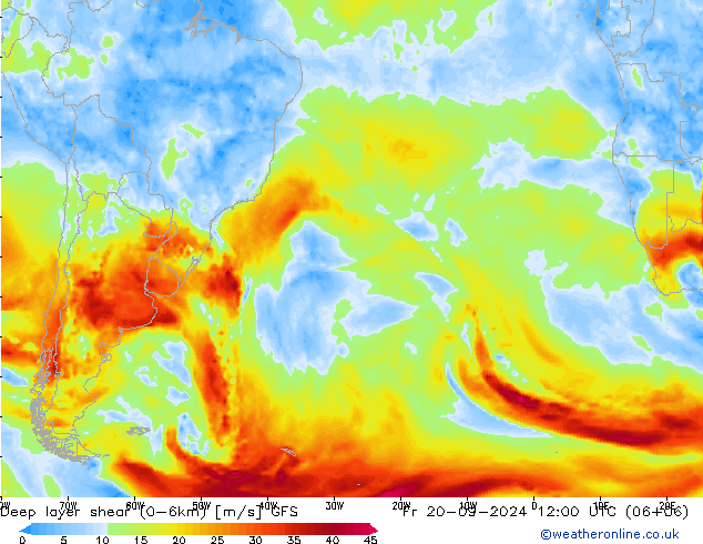 Deep layer shear (0-6km) GFS пт 20.09.2024 12 UTC