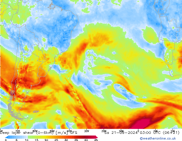 Deep layer shear (0-6km) GFS Sa 21.09.2024 03 UTC