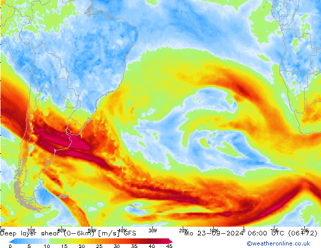 Deep layer shear (0-6km) GFS Mo 23.09.2024 06 UTC