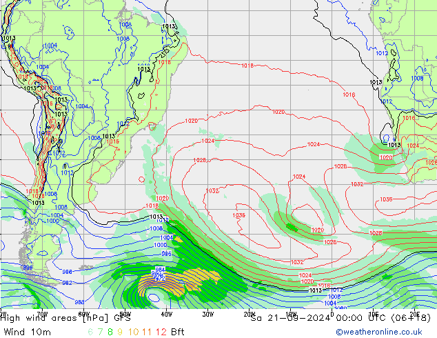 High wind areas GFS sáb 21.09.2024 00 UTC