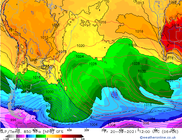 SLP/Temp. 850 hPa GFS Fr 20.09.2024 12 UTC