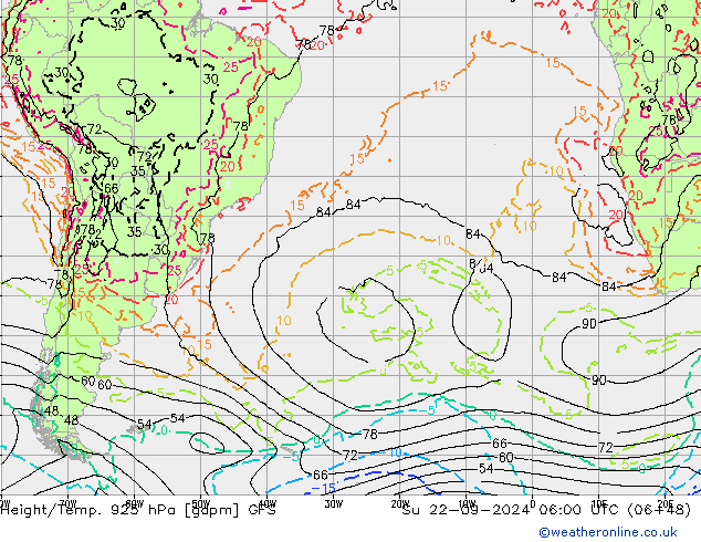 Height/Temp. 925 hPa GFS dom 22.09.2024 06 UTC