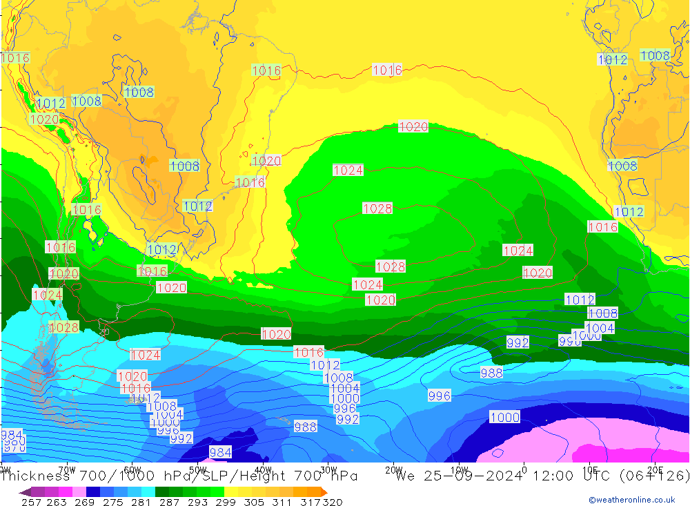 Thck 700-1000 hPa GFS  25.09.2024 12 UTC