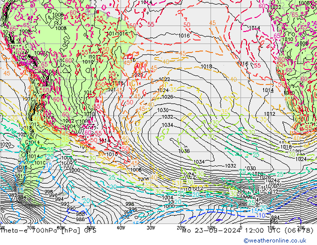 Theta-e 700hPa GFS pon. 23.09.2024 12 UTC