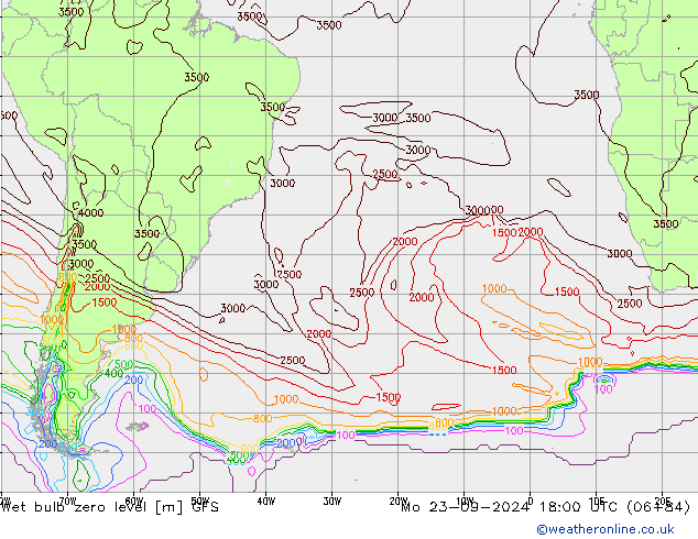 Wet bulb zero level GFS Po 23.09.2024 18 UTC