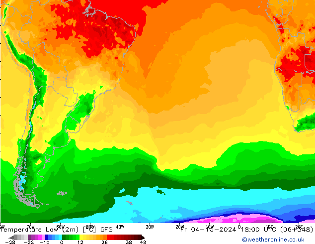 Nejnižší teplota (2m) GFS Pá 04.10.2024 18 UTC