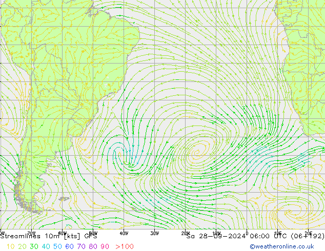 Streamlines 10m GFS Sa 28.09.2024 06 UTC