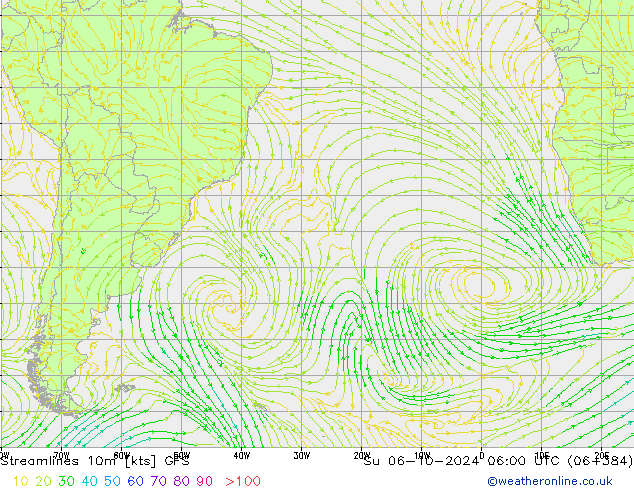 Linea di flusso 10m GFS dom 06.10.2024 06 UTC