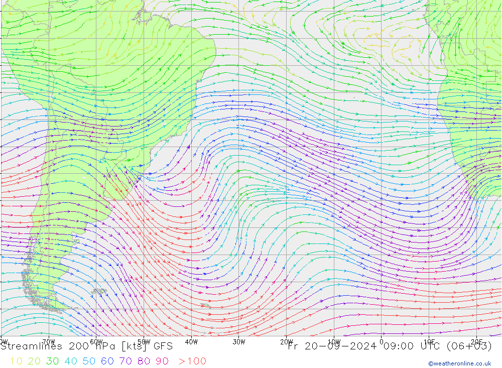 Linea di flusso 200 hPa GFS ven 20.09.2024 09 UTC