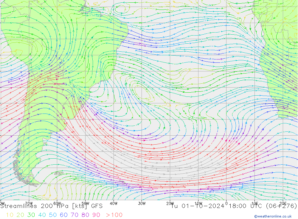 Streamlines 200 hPa GFS Tu 01.10.2024 18 UTC