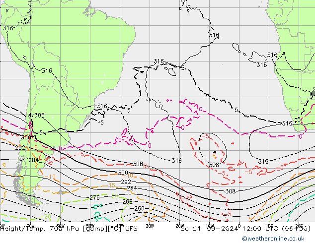 Height/Temp. 700 hPa GFS so. 21.09.2024 12 UTC