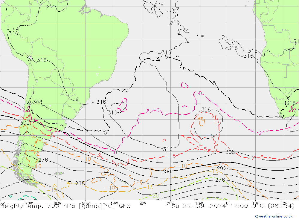 Geop./Temp. 700 hPa GFS dom 22.09.2024 12 UTC