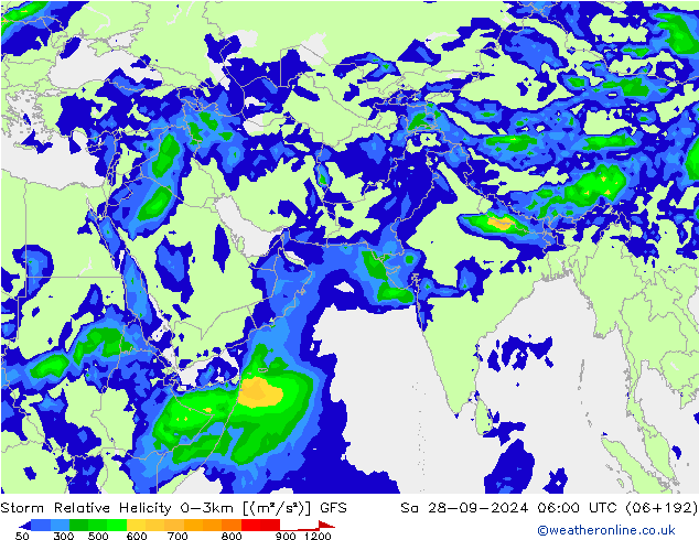 Storm Relative Helicity GFS Sa 28.09.2024 06 UTC