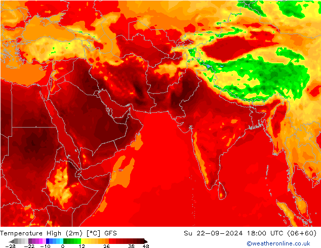 Nejvyšší teplota (2m) GFS Ne 22.09.2024 18 UTC