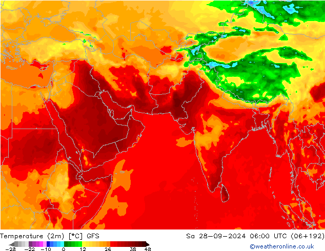 mapa temperatury (2m) GFS so. 28.09.2024 06 UTC