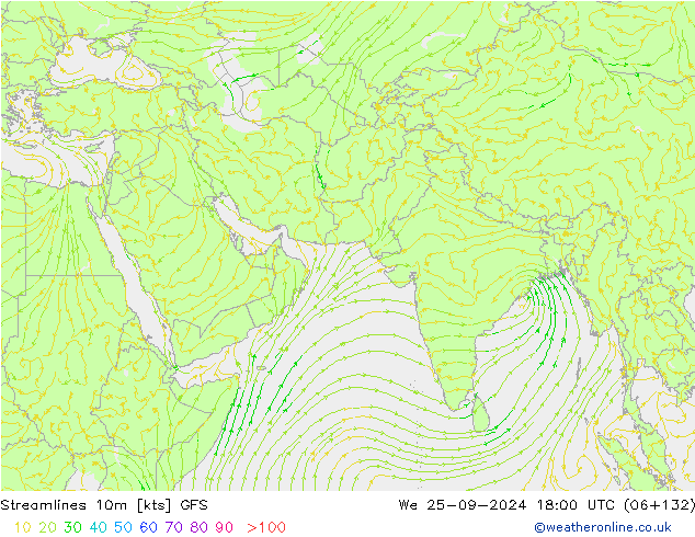 Streamlines 10m GFS St 25.09.2024 18 UTC