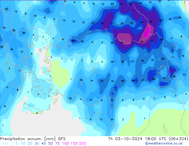 Precipitation accum. GFS Th 03.10.2024 18 UTC