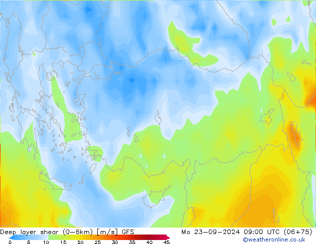 Deep layer shear (0-6km) GFS  23.09.2024 09 UTC