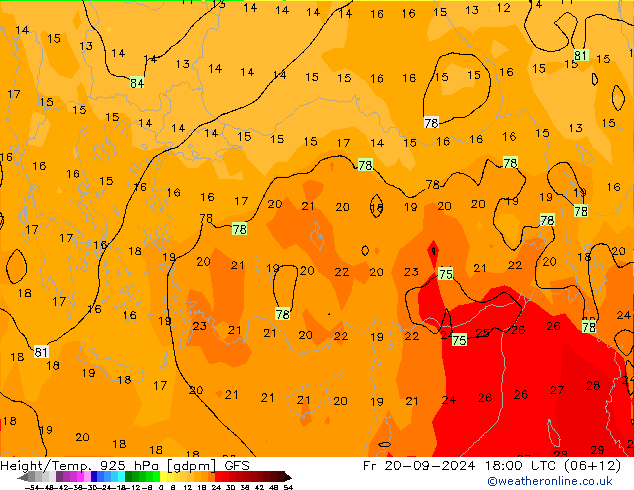 Height/Temp. 925 hPa GFS  20.09.2024 18 UTC