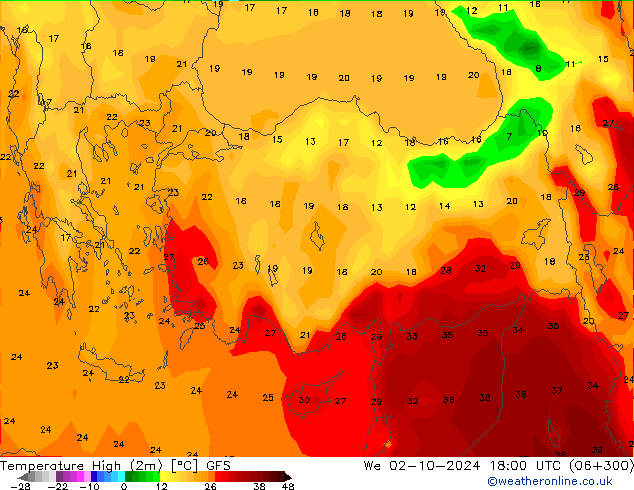 Temperature High (2m) GFS We 02.10.2024 18 UTC