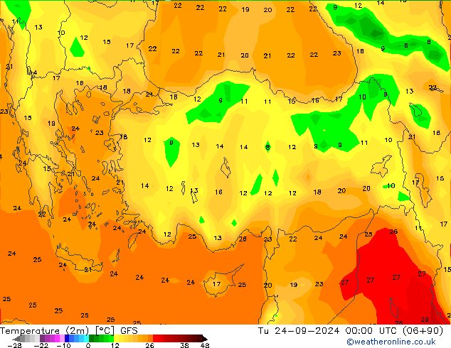 Temperatura (2m) GFS mar 24.09.2024 00 UTC