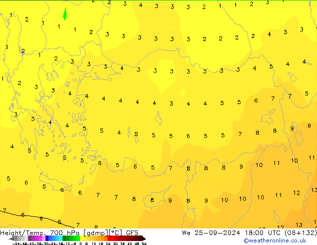 Height/Temp. 700 hPa GFS Qua 25.09.2024 18 UTC