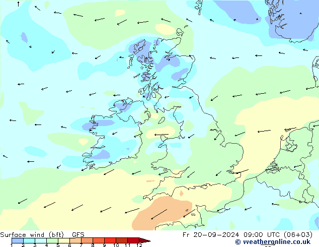 Bodenwind (bft) GFS Fr 20.09.2024 09 UTC