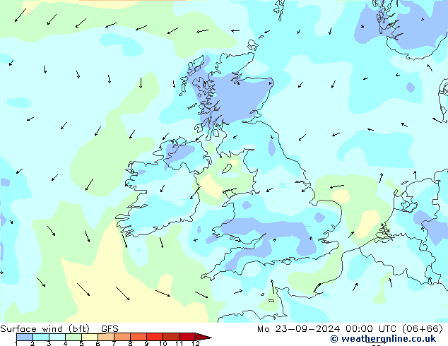 Surface wind (bft) GFS Mo 23.09.2024 00 UTC