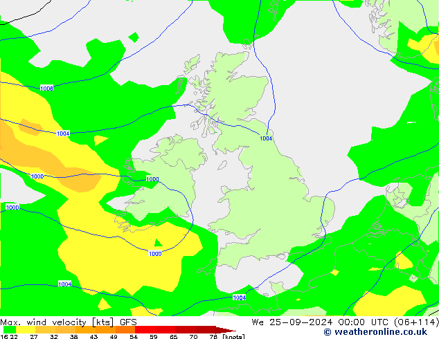 Max. wind velocity GFS We 25.09.2024 00 UTC