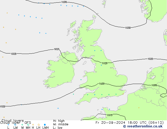 Cloud layer GFS Pá 20.09.2024 18 UTC